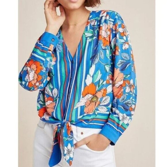 Anthropologie Maeve Floral Blouse Womens 12 Blue V-Neck Tie Front Long Sleeve - Picture 1 of 7